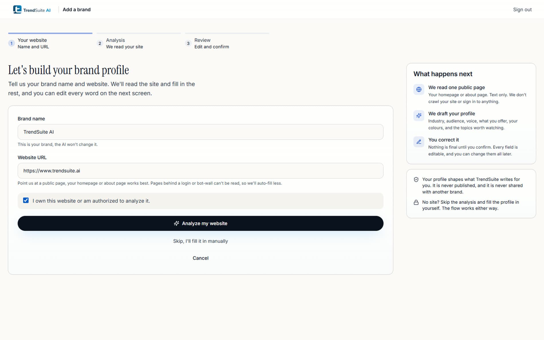 The Add a brand screen, with a client's brand name and website URL entered and an Analyze my website button below them.